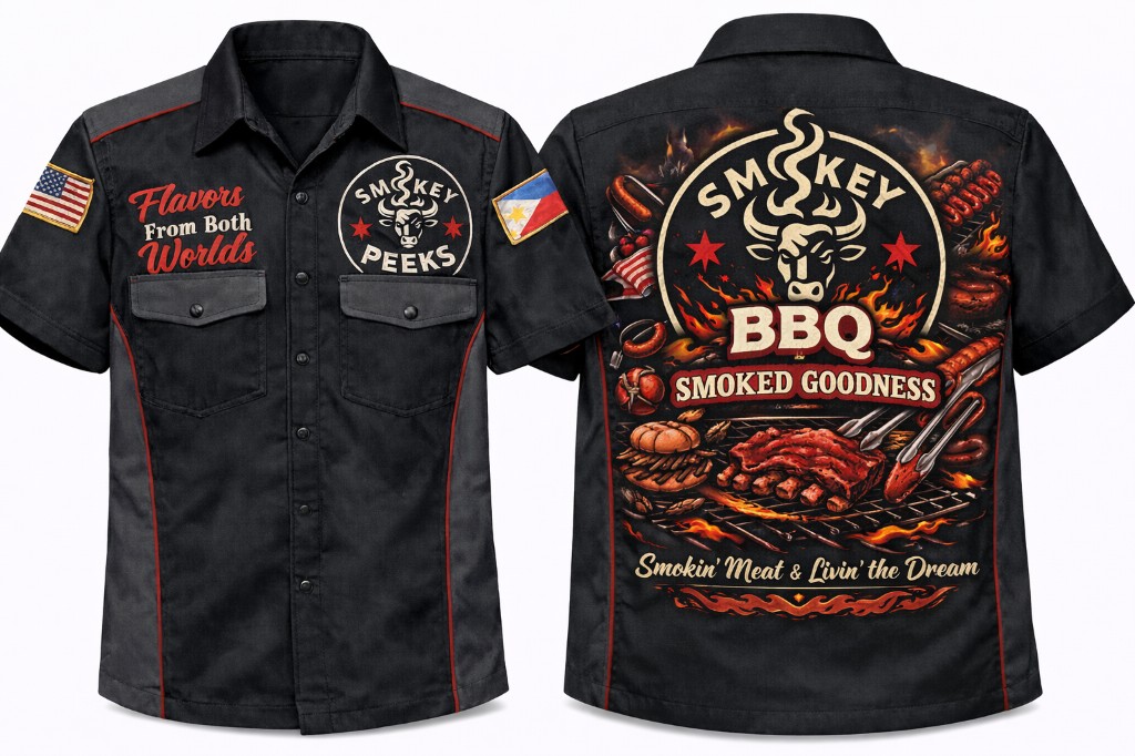 Smokey Peeks BBQ work shirt front and back