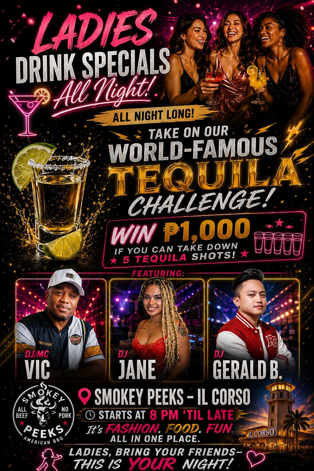 Ladies Night drink specials and Tequila Challenge at Smokey Peeks